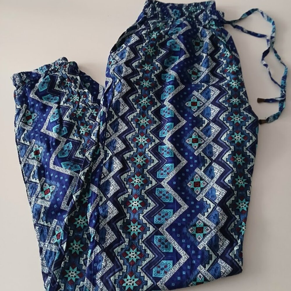Indian Blue Viscose Printed Elastic Waist Pant with Pockets - M- NWOT